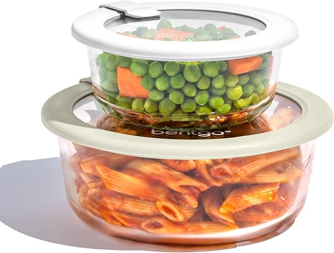 Bentgo Signature Leak-Proof Glass Food Storage - 4-Piece Set, 1-Compartment Plastic-Free Containers with Airtight Glass Lids, BPA-Free, Microwave, Freezer, Oven & Dishwasher Safe (White Stone)