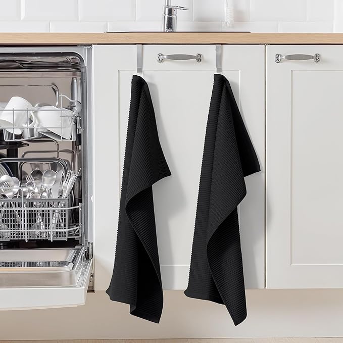Homaxy Premium Kitchen Towels (18"x 28", 6 Pack), Large 100% Cotton Kitchen Hand Towels, Ultra Absorbent Ribbed Terry Tea Towels Set with Hanging Loop, Black