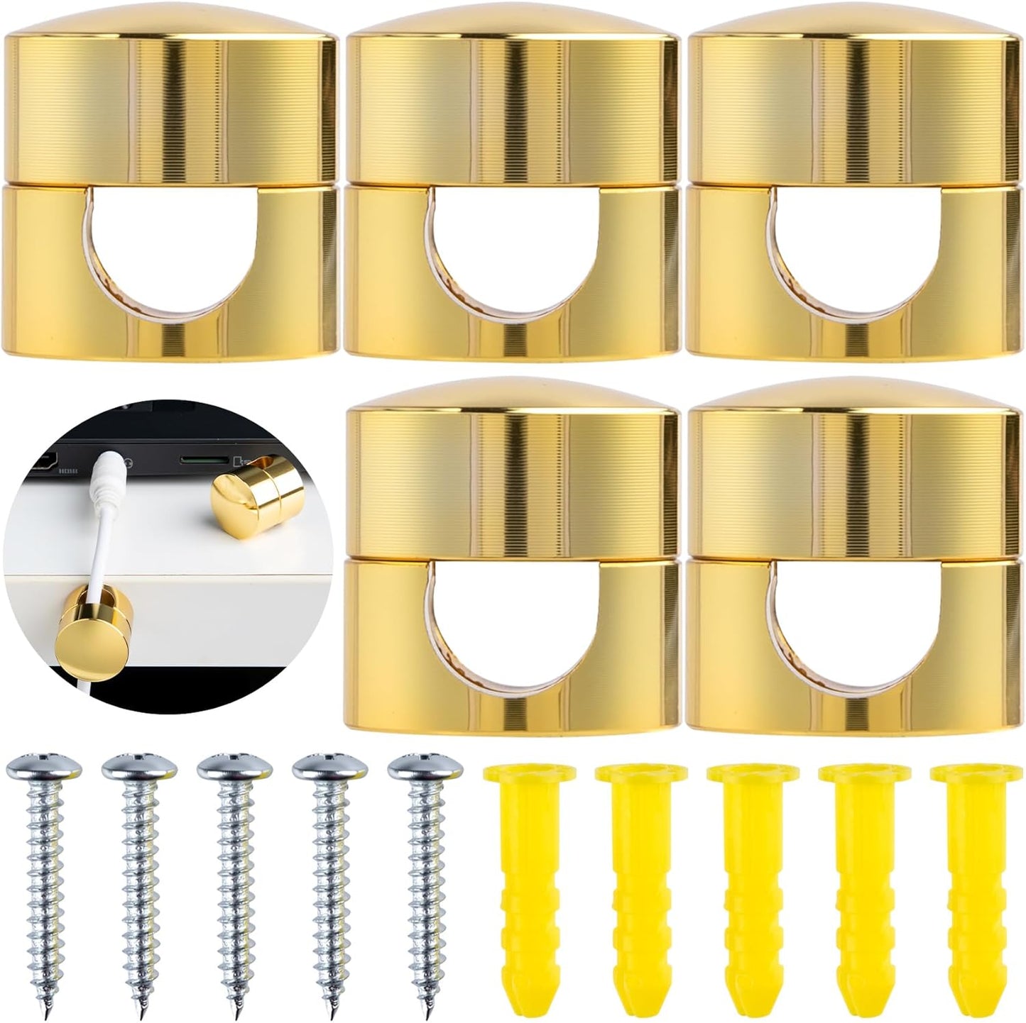 5 Sets Charger Holders for Cords, Gold Adjustable Cable Anchor Holders, Adhesive Metal Cord Clips, Cable Management Wire Organizers for Desk, Office, Nightstand