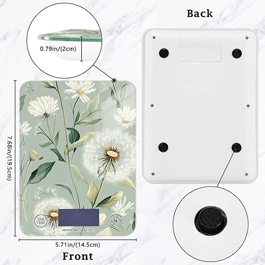 Sage Green Dandelion01 Food Scale Kitchen Digital Scale Food Ounces and Grams Dieting Baking Cooking Waterproof Glass Panels LCD Display,4 Units Tare Function