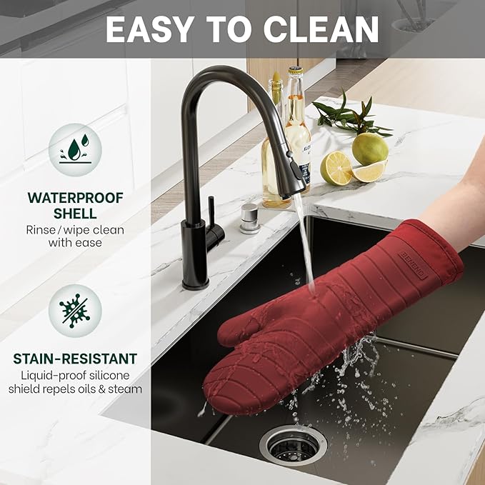 Beneno Premium Silicone Oven Mitts 2-Pack Heat Resistant 500°F, Soft Flexible Non-Slip Grips, BPA-Free & Waterproof Oven Mitts with Comfortable Cotton Lining for Baking, Grilling, Cooking, 7"x13", Red