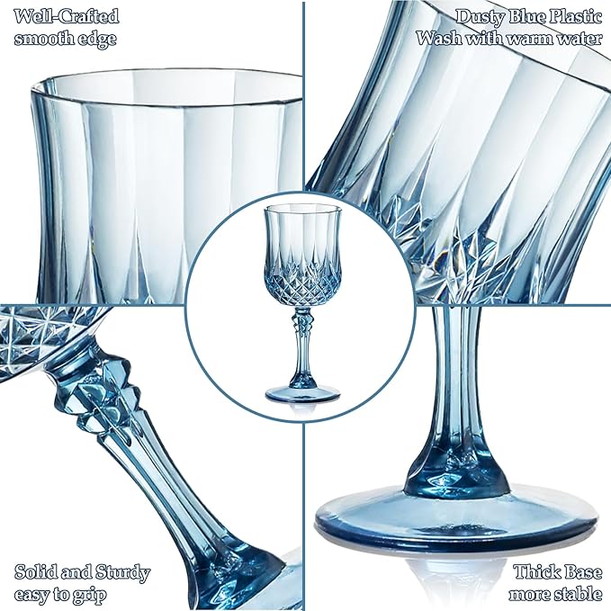 XUWAIDSGN 24 Pcs 7oz Plastic Vintage Wine Glasses Drinking Glasses Unbreakable Wedding Glassware Crystal Water Goblets Reusable Drinkware Vintage Champagne Flutes (24, Blue)