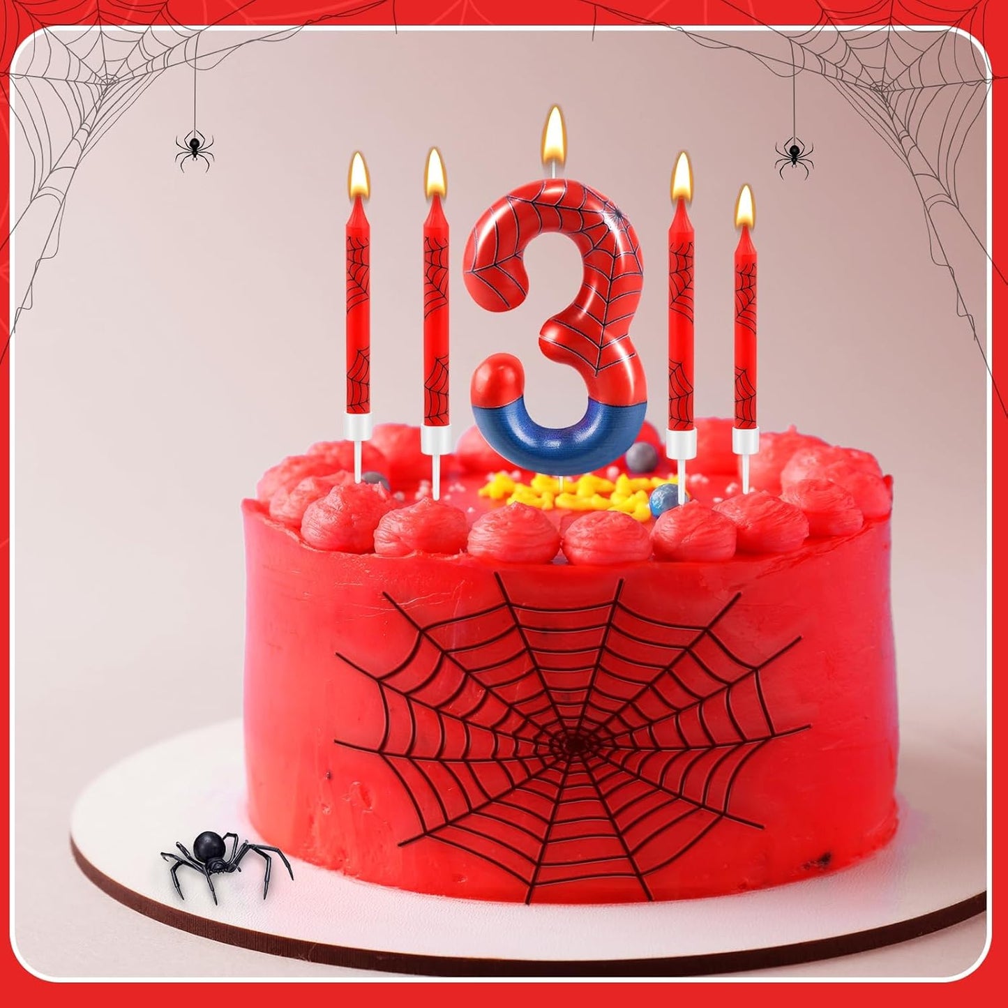 13 Pcs Spider Themed Birthday Candle Set Red Spider Theme Number 3 Candle Cake Topper for Boys Girls Birthday Decoration Spider Party Decoration Supplies (Number 3)