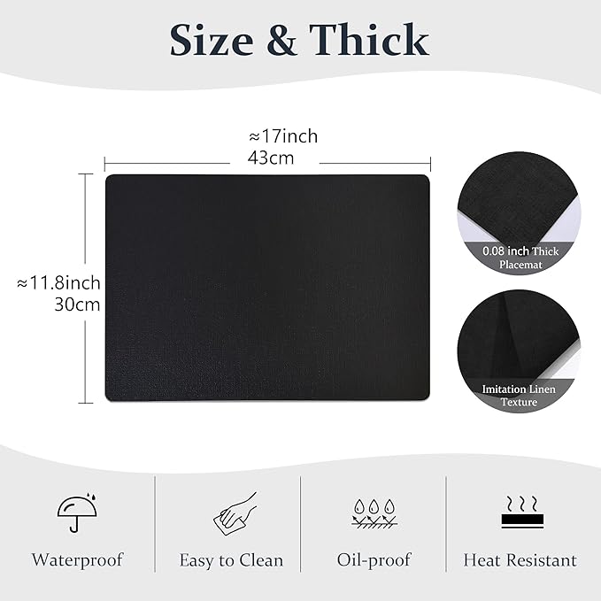 FROMHEART Faux Leather Placemats Set of 4–Waterproof,Heat/Oil Stain-Resistant PU Table Mat–Reversible,Non-Slip,Easy to Clean Place Mats for Kitchen,Dining,Indoor/Outdoor,(Black,11.8" x 17")