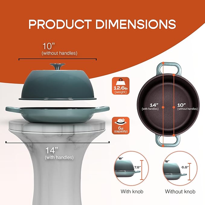 Enameled Cast Iron Dutch Oven for Sourdough Bread Baking | 6 Quart Oval Pot with Lid | 10 Inch Ceramic Enamel Thick Coated Cookware with Non Stick Silicone Baking Mat for Cooking | 6 Qt | Sea Salt