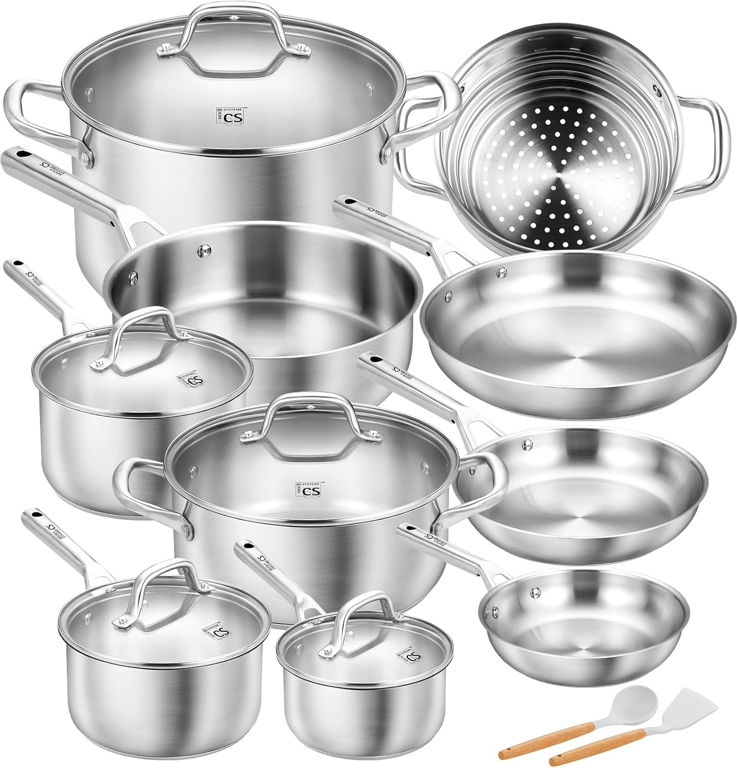 KOCH SYSTEME CS Stainless Steel Cookware Set 17 Piece, Professional 18/10 Stianless Steel Pots and Pans Set, 5-Layer Base, Oven & Induction Safe, Non-Toxic Kitchen Cookware Set for Family Cooking