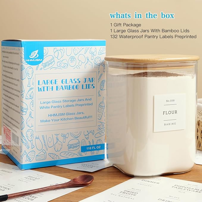 Large glass flour and sugar containers with 132 Kitchen Pantry Labels - 110 oz Glass Food Storage Containers with Airtight Lids - Square Glass Jars with Bamboo Lids for Rice, Pasta, Cookies, grain