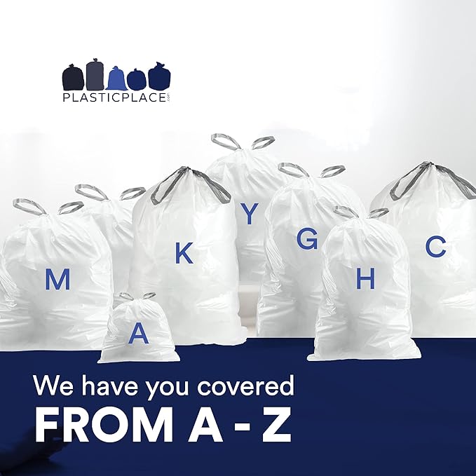 Plasticplace Trash Bags | Compatible with Simplehuman (x) Code C | (100 Count)│White Drawstring Garbage Liners 2.6-3.2 Gallon / 10-12 Liter │ 14.75" x 20"