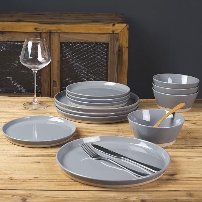 Famiware Saturn Speckled Dinnerware Sets for 8 (24 Pieces), Stoneware Plates and Bowls Dish Set - Chip and Scratch Resistant, Microwave and Dishwasher Safe, Dark Gray