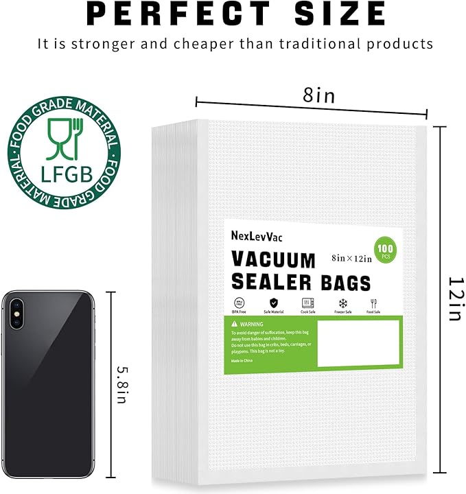 100 Quart Vacuum Sealer Bags - 8x12 Inch, Heavy Duty Commercial Grade for Food Saver, Seal a Meal, Sous Vide, Meal Prep, Freezer Storage