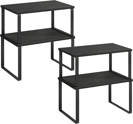 SONGMICS Cabinet Organizer Shelf, Set of 4 Kitchen Counter Shelves, Kitchen Storage, Spice Rack, Stackable, Expandable, Metal and Engineered Wood, Ink Black and Ebony Black UKCS027B01