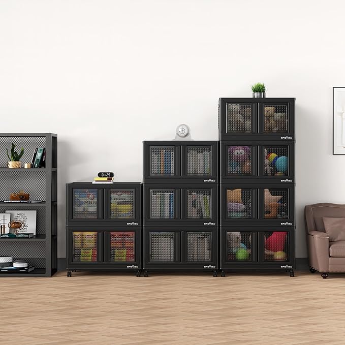 BROVIEW 600Qt Stackable Storage Bins with Lids, 150Gal Closet Organizers and Storage Drawer, Plastic Collapsible Storage Bins with Doors, Heavy Duty Store Box Cabinet for Home Kitchen, 6Pack Black