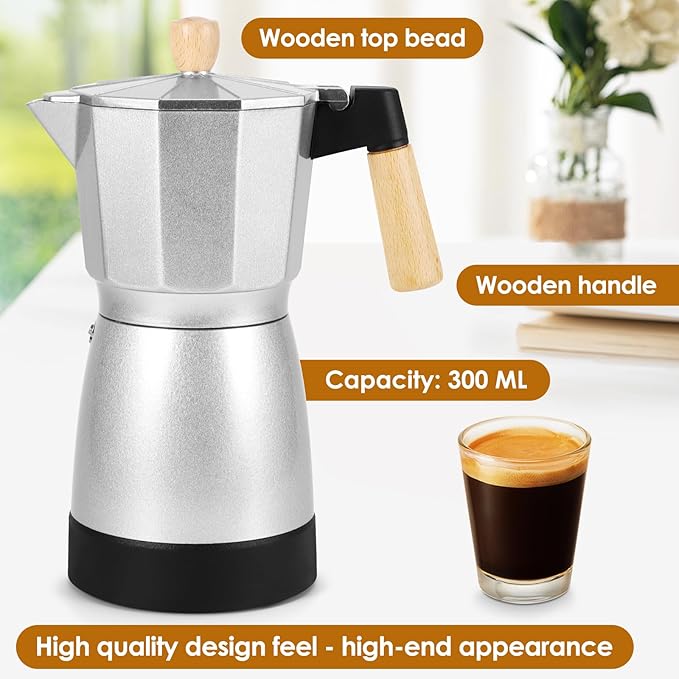 AOZBZ Moka Pot Electric Espresso Coffe Maker, 300ml 6 Cups Portable Coffee Pot with Overheat Protection and Detachable Base, Electric Espresso Maker, 450W, Silver