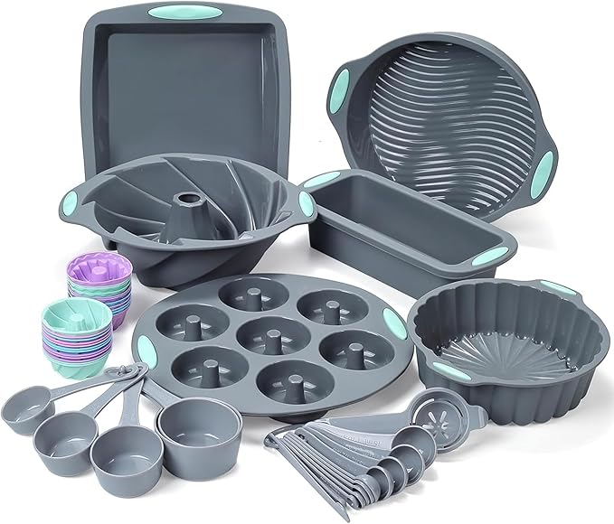 Tongjude 47 Pieces Silicone Baking Pans Set, 6 Silicone Cake Molds, Loaf Pan, Doughnut Pans, Non-Stick Baking Cup, with Measuring Cups and Spoons Set, Grey