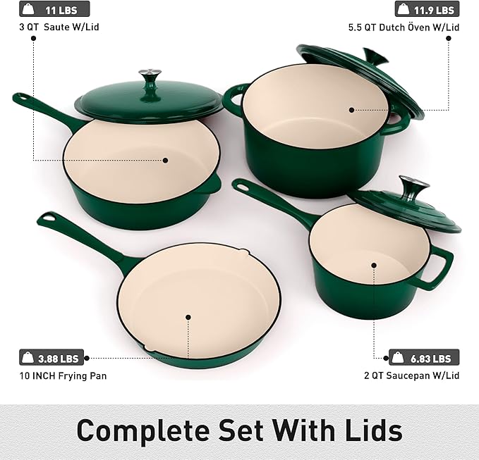MAISON ARTS Enamel Cast Iron 7 Piece Cookware Set, Dutch Oven Pot with Lid, Emerald Non Stick Pots and Pans set, Oven Safe up to 500°F