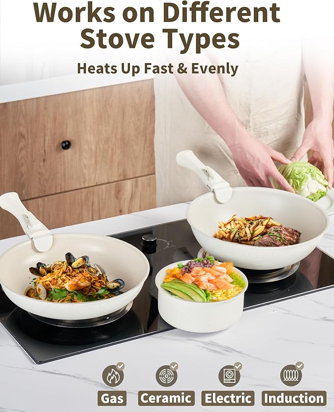 22Pcs Non Stick Pots and Pans Set | Ceramic Cookware Set with Detachable Handle | PFAS-Free, Oven & Induction Safe (White)