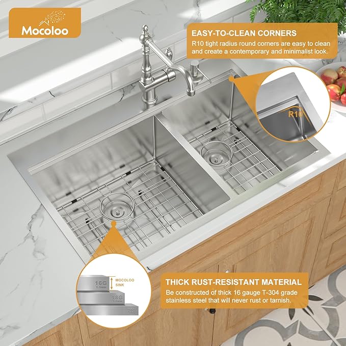 Mocoloo 33 Inch Drop In Kitchen Sink - 33 x 22 Drop In Double Bowl Kitchen Sink 16 Gauge 60/40 Topmount Stainless Steel Sinks Handmade, 33''x22''x10'' Above Counter with Offset Drainer
