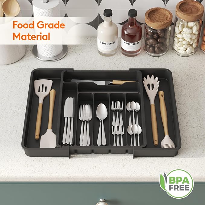 Lifewit Silverware Drawer Organizer, Expandable Utensil Organizer for Kitchen Drawers, Adjustable Cutlery and Flatware Tray, Plastic Spoons Forks Knives Holder Storage Dividers, Medium, Black