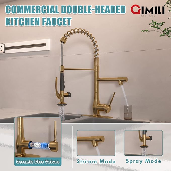 GIMILI Brushed Gold Kitchen Faucet with Pull Down Sprayer Single Handle High Pressure Brass Kitchen Sink Faucet Commercial Double-Headed Kitchen Faucets Sink with Deck Plate