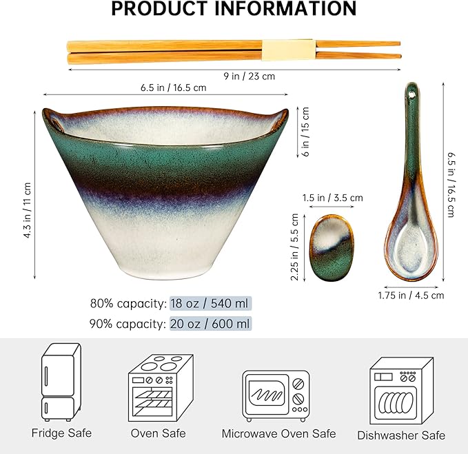 HENXFEN LEAD Japanese Ramen Noodle Bowls Set of 2 - Deep Ceramic Soup Bowls with Spoons, Chopsticks and Holder, 20 Oz Serving Dishes for Pho, Udon Noodle, Cereal - Reactive Green