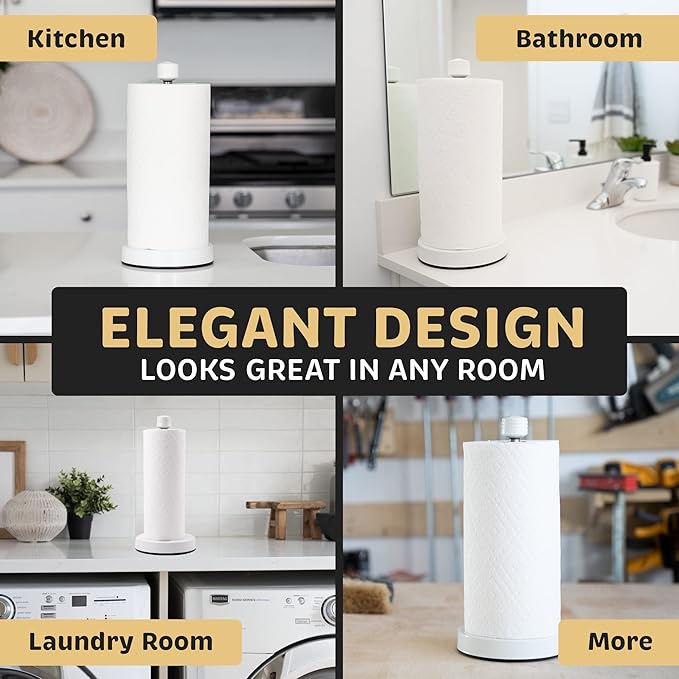 Stainless Steel White Paper Towel Holder Designed for Easy One-Handed Operation - This Sturdy Weighted Paper Towel Dispenser Countertop Model Has Suction Cups and Holds All Paper Towel Rolls
