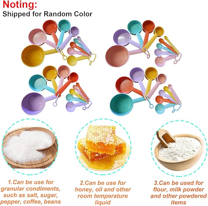 Plastic Measuring Cups and Spoons Set - 10 Pcs Colorful Kitchen Measuring Tool, Engraved Metric/US Markings Stackable Silicone Measure Cup for Liquid & Dry Measuring, Cooking & Baking, Random Color