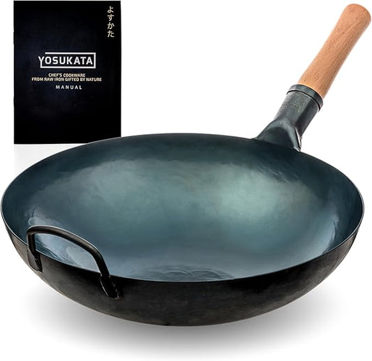 YOSUKATA 14” Round Bottom Carbon Steel Wok Pan – Blue Pre-Seasoned Pow Wok for Stir Fry, BBQ & Camping – Traditional Japanese & Chinese Cookware – Compatible with Gas Stoves & Open Fire Only