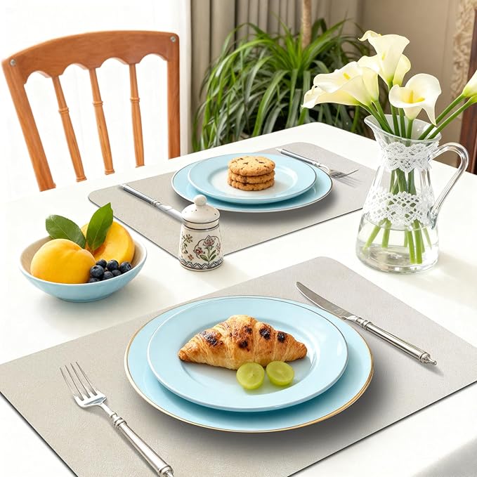 Vinyl Placemats Set of 6-12×17.7 Inch Waterproof & Heattable Placemats, Fall Faux Leather Wipeable Outdoor Table Mat for Dining, Kitchen, Indoor Outdoor Use (Gold/Silver, Brushed Metal