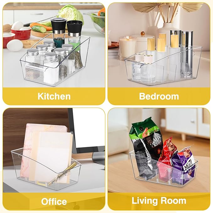 6 Pack Clear Pantry Organizer Storage Bins Removable Snack Organizer Plastic Cabinet Organizers Racks with 3 Dividers, Refrigerator Bins Kitchen Storage