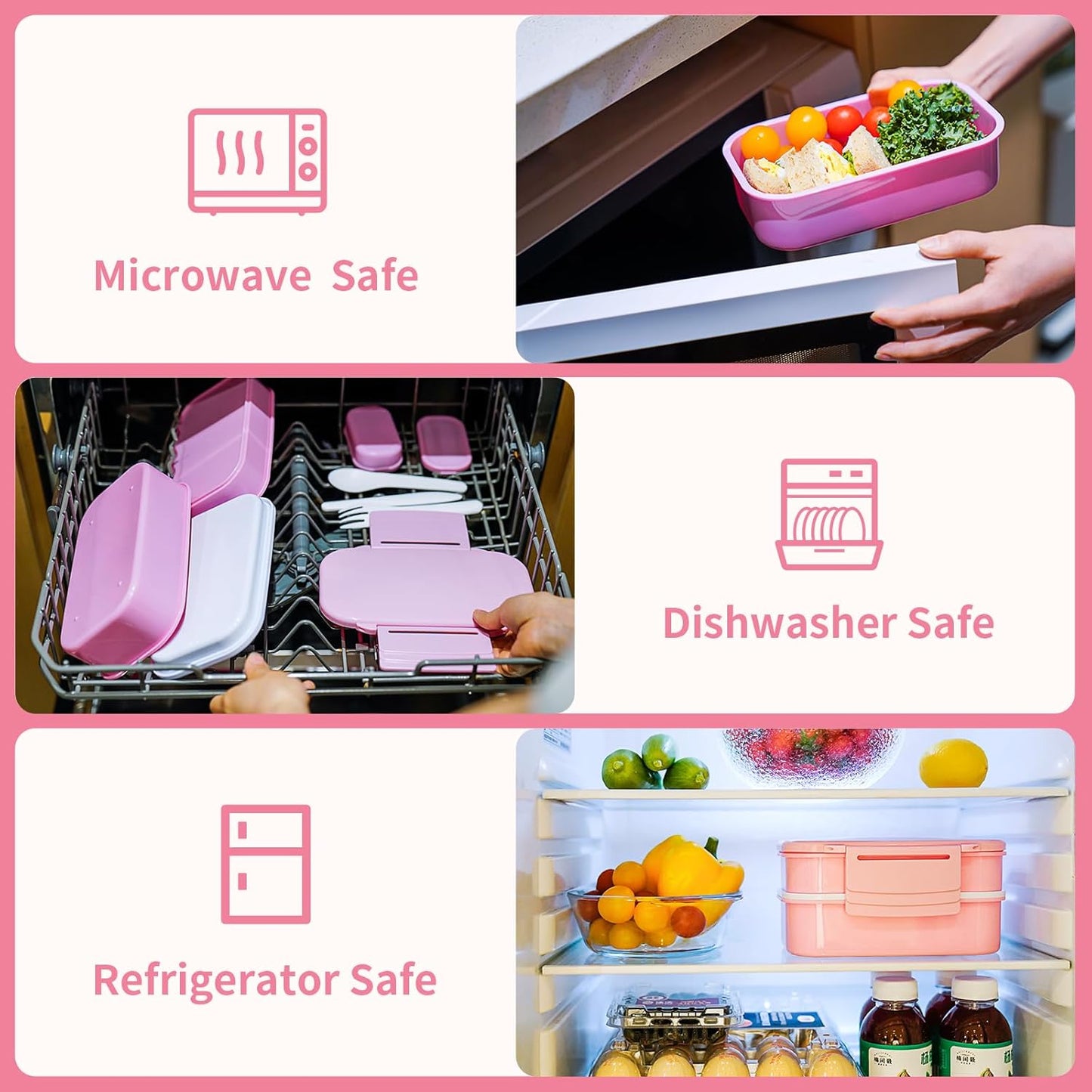 Lunchneo bento box for adults, separate for men and women, set of utensils and dipping containers, cute Japanese bento box, microwave heatable(Pink)