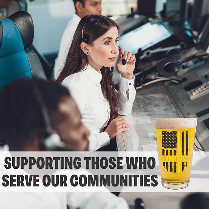 Blue Ridge Mountain Gifts - Thin Yellow Line Pint Glass - Personalized Dispatch Glass, 911 Dispatch Appreciation, Yellow Line Merch, First Responders Gift, Custom Barware, Thin Gold Line American Flag