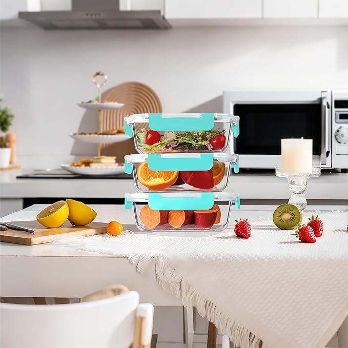 BAYZZ 10 Pack 22 oz Glass Meal Prep Containers, Glass Food Storage Containers with Airtight Lids, BPA-Free, Freezer and Microwave Safe, Green