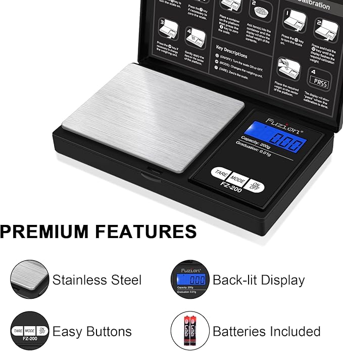 Fuzion Digital Pocket Scale, 200g/0.01g Gram Scale, Mini Scale Grams, Small Digital Scale, Small Food Scale, Jewelry Scale, Precision Scale with Tare, LCD