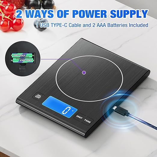 Rechargeable 304 Stainless Steel Kitchen Scale, Diyife 33lb Digital Food Scale with LCD Display, Batteries and Type-C Charging, for Meal Prep, Cooking, Baking (Black)