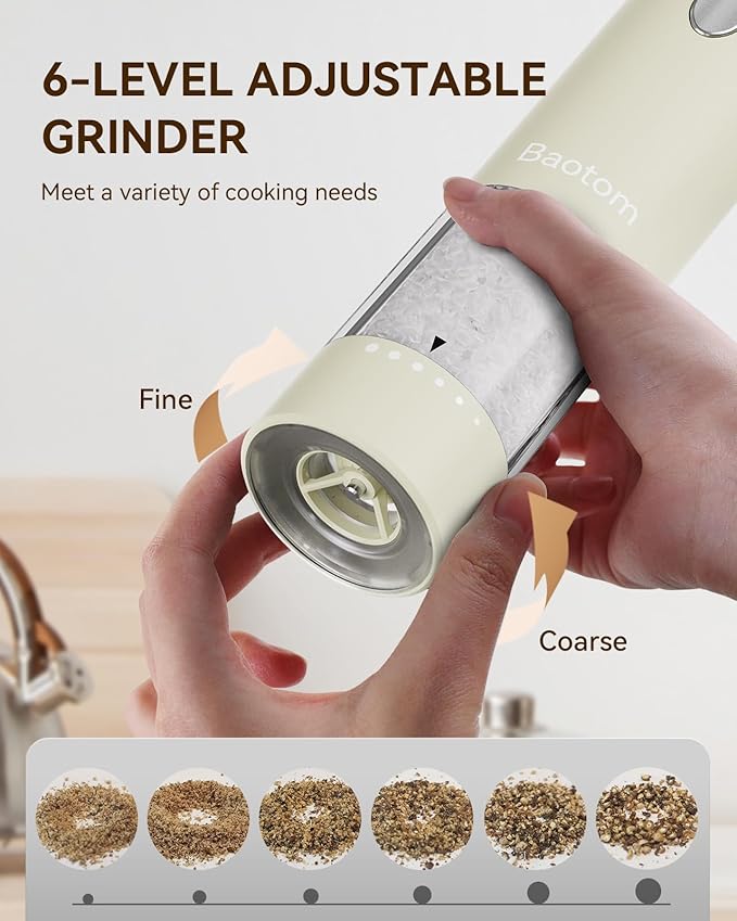 Electric Salt and Pepper Grinder Set with Dual Charging Base, 6 Adjustable Coarseness Levels & External Grind Settings, One-handed Operation Salt and Pepper Mills with LED Light,Beige