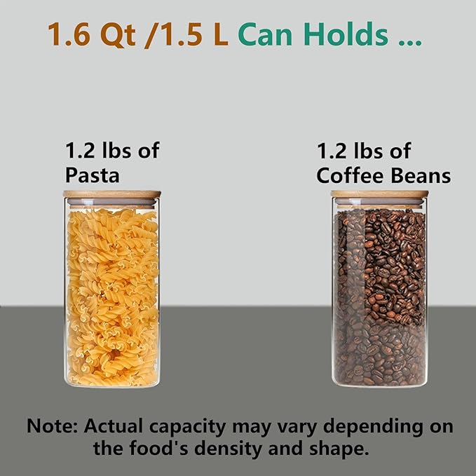 1.6 Qt Square Glass Storage Containers with Lids, Clear Food Storage Container Jar with Sealing Bamboo Lid for Noodles Flour Cereal Rice Sugar Tea Coffee Beans,Square Set of 3