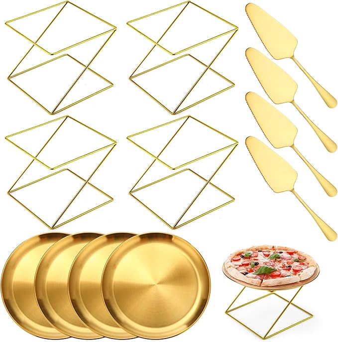 12 Pcs Pizza Stand Set: 4 Metal Stands, 4 Pizza Pans, 4 Spatulas for Weddings, Party(Gold,Square)