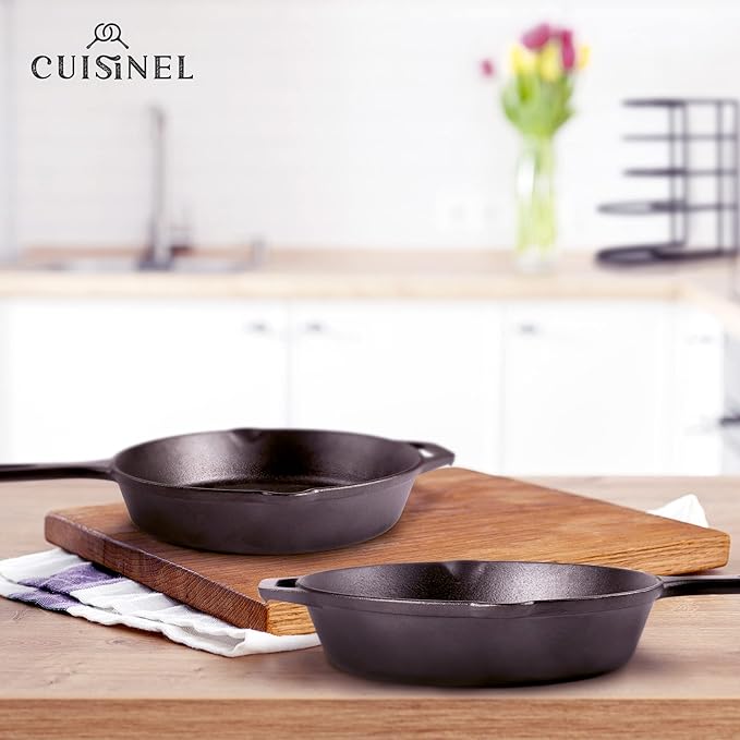 Cuisinel Cast Iron Skillets Set - 10" + 12"-Inch Pre-Seasoned Frying Pans + Removable Silicone Handle Holder Grips + Pan Scraper - Oven-Safe Cookware Kit + Accessories + Handle Helper