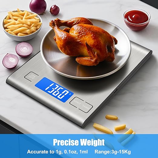 33lb Rechargeable Food Scale, Diyife 304 Stainless Steel Digital Kitchen Scale with 3 Buttons, Weight Grams and Ounces for Baking, Cooking, 5 Units with Tare Function, LCD Display, 2 AAA Batteries