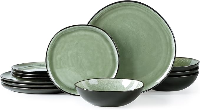 AmorArc Ceramic Dinnerware Sets,Handmade Reactive Glaze Stoneware Plates and Bowls Set,Highly Chip and Crack Resistant | Dishwasher & Microwave Safe Dishes Set,Service for 4 (12pc)