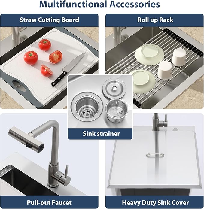 Lordear Drop In Outdoor Kitchen Sink Workstation with Pull-out Faucet 21" x 20" Bar Prep Sink 16 Gauge Stainless Steel Single Bowl Small Kitchen Camper Wet Bar Mobile Home RV Basin with Cover