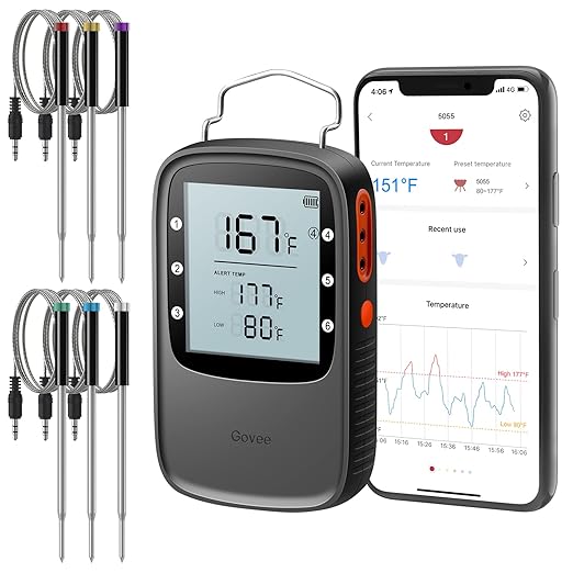 Govee Bluetooth Meat Thermometer, Wireless Meat Thermometer for Smoker Oven, Digital Grill Thermometer with 6 Probes, Timer Mode, Smart LCD Backlight BBQ Thermometer for Cooking Turkey Fish Beef