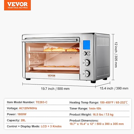VEVOR Convection Toaster Oven, 28L/29.6Qt Large 10-IN-1 Multifunctional Convention Oven Countertop, 150F-450F Adjustable Compact Smart Oven with Trays Wire Racks Gloves, for Home Kitchen RVs etc