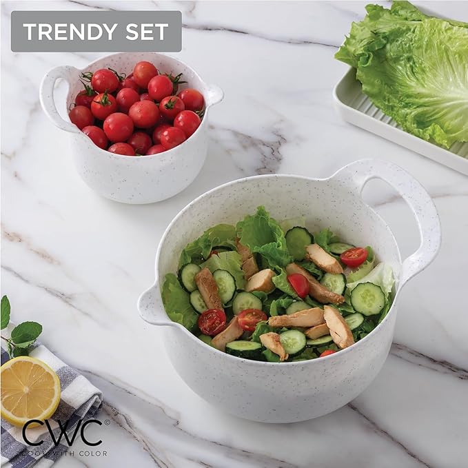COOK WITH COLOR Nesting Plastic Mixing Bowl Set with Pour Spouts and Handles and Non Slip Bottom, Speckled White, 4 Piece