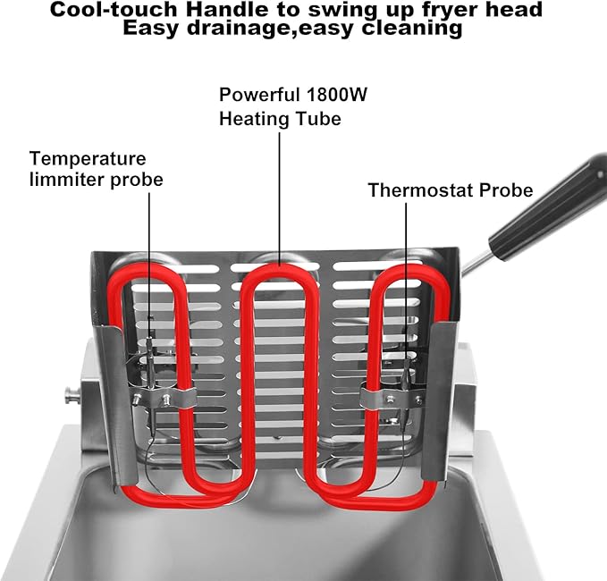 CROSSON 6L Electric Countertop Deep Fryer Extra Large with Drain,Timer,Basket and Lid for Restaurant Use 120V,1800W Commercial Deep Fryers