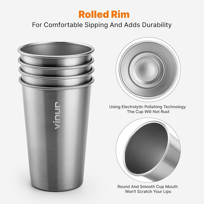 VINUR Stainless Steel Cups 4 Pack -16 oz Pint Tumbler Stackable Metal Drinking Glasses for Travel, Camping, Outdoors (Silver)