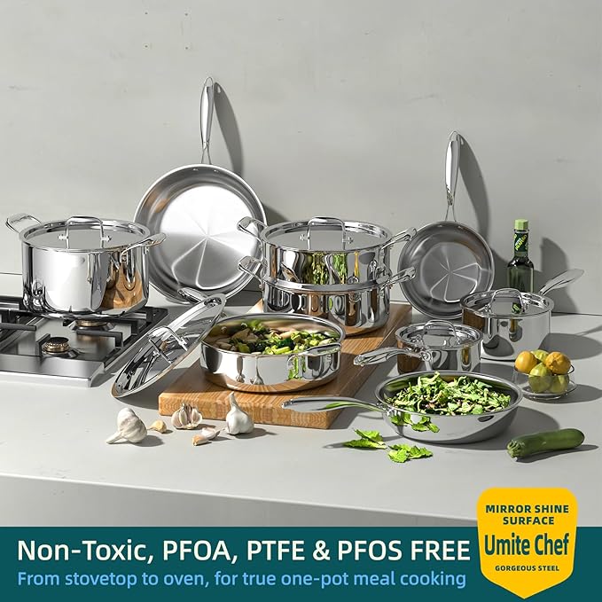 Umite Chef Stainless Steel Cookware Set, 5 Ply 14 Piece Stainless Steel Pot and Pan Set-Induction, Heavy Chef Quality, Oven Safe | Professional Kitchen Cooking Appliances, PFOA, PTFE & PFOS Free