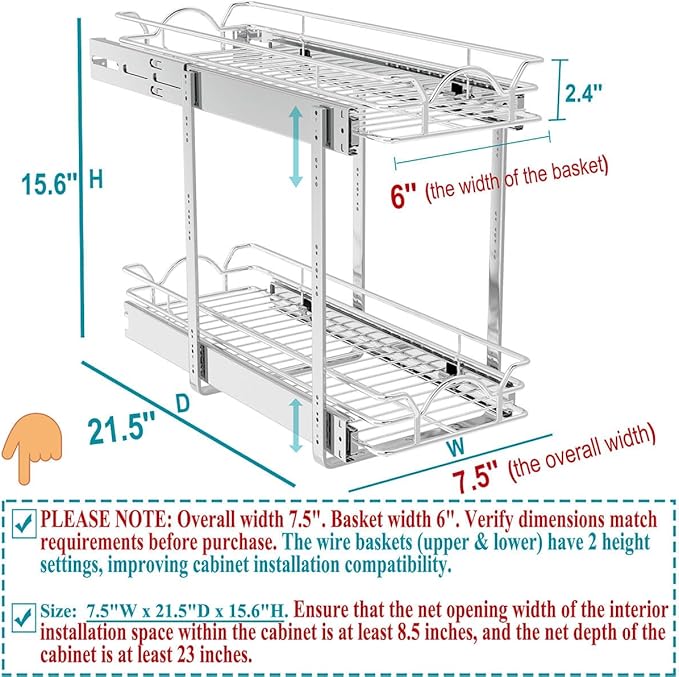 OCG 2 Tier Pull Out Cabinet Organizer (7.5" W x 21.5" D), Pull Out Drawers for Kitchen Cabinets, Pull Out Shelves for Base Cabinet Organization in Kitchen Bathroom Pantry, Chrome Finish