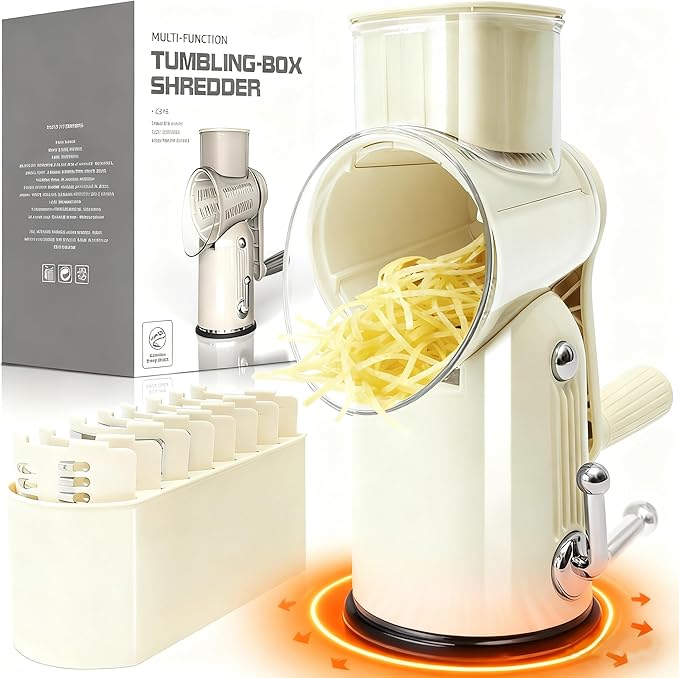 5 in 1 Cheese Grater with Rotary Hand Crank - Vegetable Chopper with Replaceable Stainless Blades, Strong Suction Base, Handle, Blade Storage Box, Easy-Clean Multipurpose Kitchen Slicer (White)
