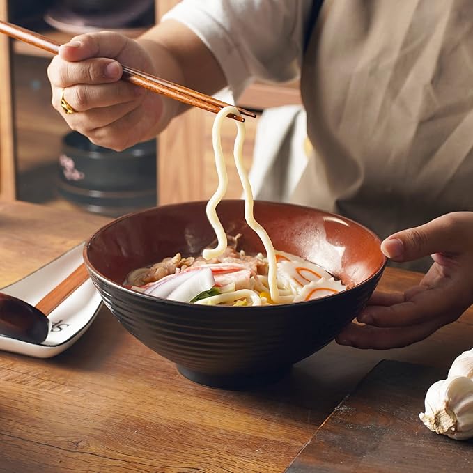 Ceramic Japanese Style Ramen Bowl Set with Chopsticks,8 inch 40 oz Pho Bowls & Asian Soup Bowl and Spoons Set for Udon Noodle,Soba,Miso Soup,Set of 2 (red)